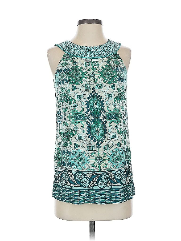 Pre-owned Hale Bob Sleeveless Silk Top Teal Halter Neckline Tops In Blue