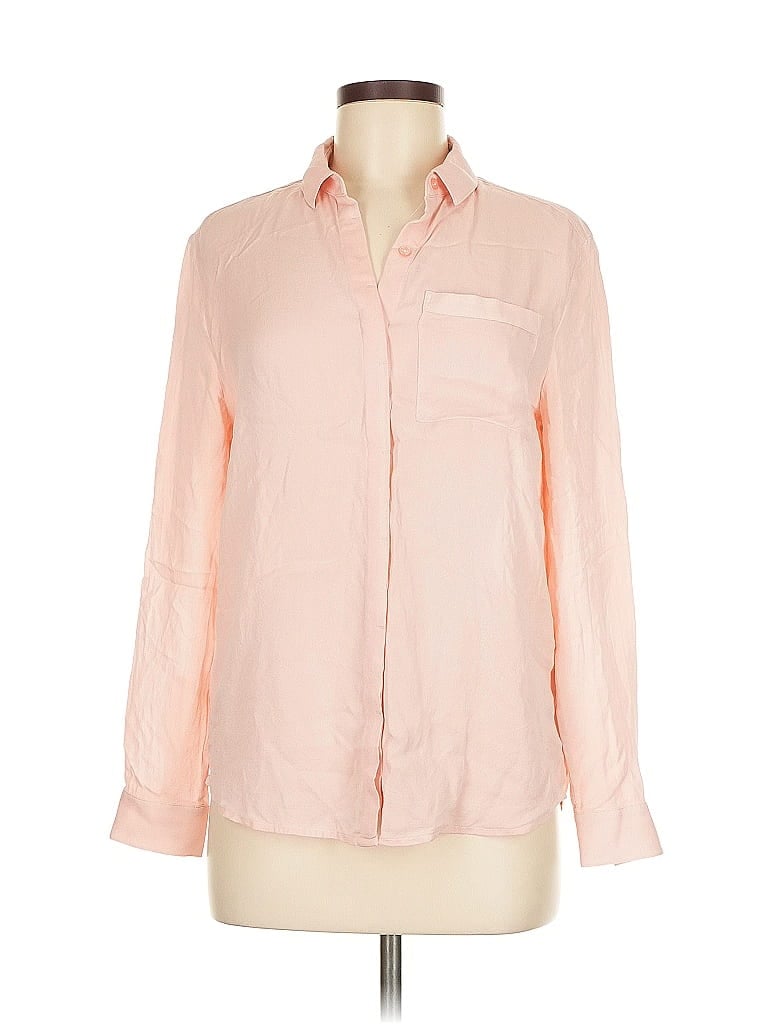 Pre-owned Jack Wills Long Sleeve Silk Top Pink Color Block Pattern Collared Neckline Tops