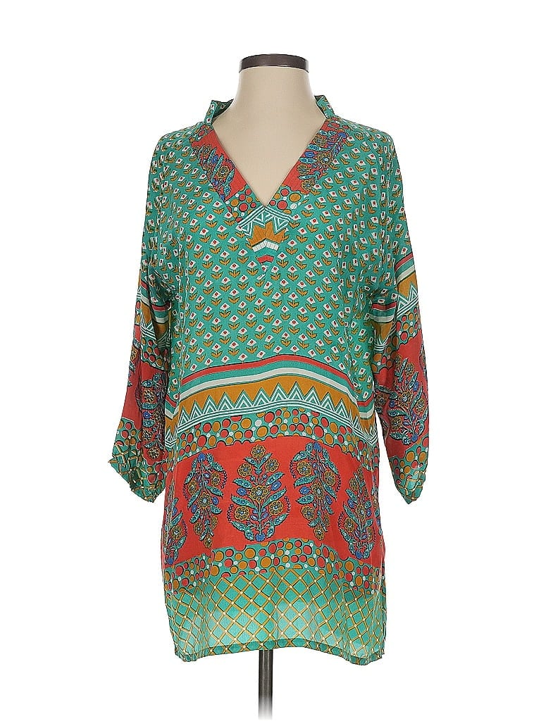 Pre-owned Tolani 3/4 Sleeve Silk Top Green V Neck Tops