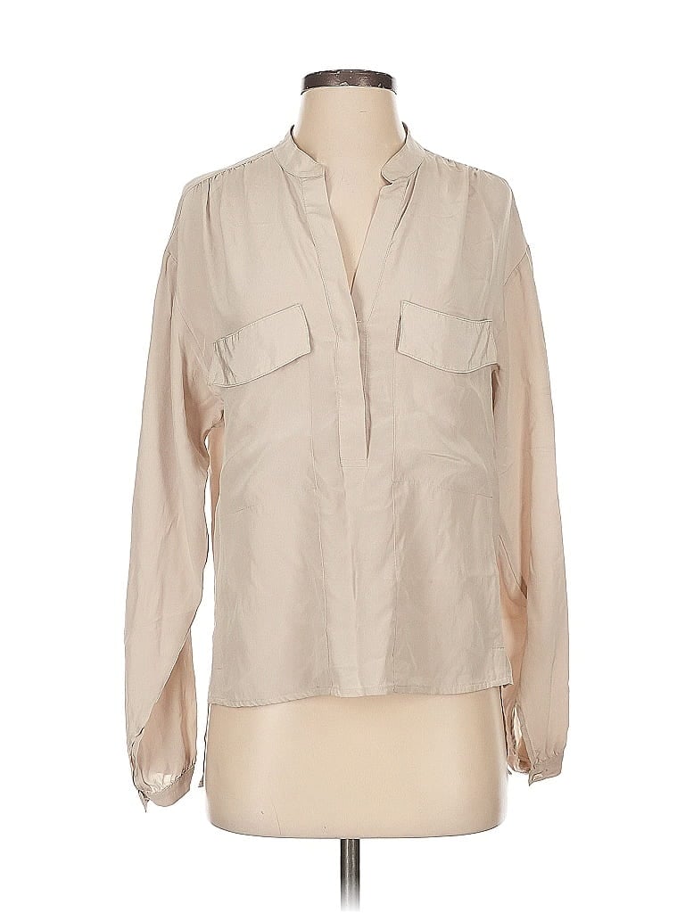 Pre-owned Bcbgmaxazria Long Sleeve Silk Top Tan Collared Neckline Tops In Brown