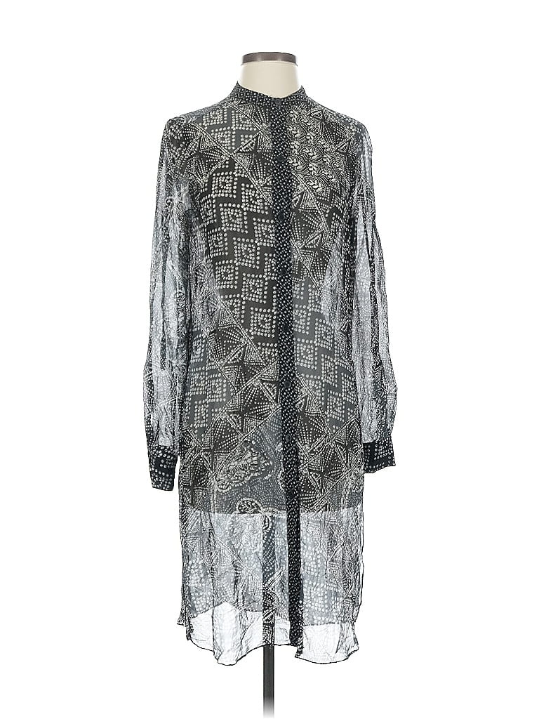 Pre-owned Bcbgmaxazria Sleeveless Silk Top Gray Graphic Pattern Mock Neckline Tops