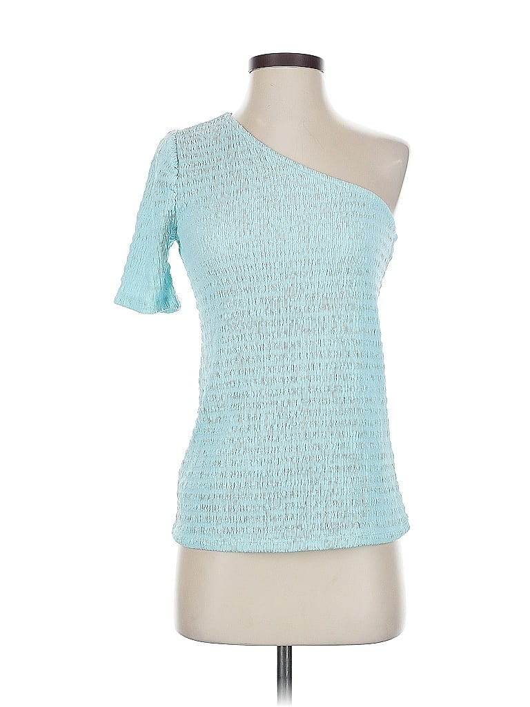 Pre-owned G By Giuliana Rancic Short Sleeve Top Teal One Shoulder Neckline Tops In Blue