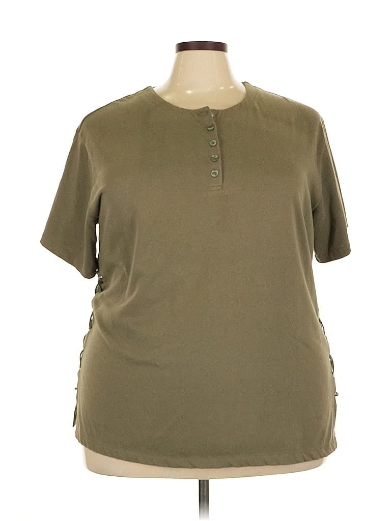 Pre-owned Fashion Bug Short Sleeve Top Green Keyhole Neckline Tops