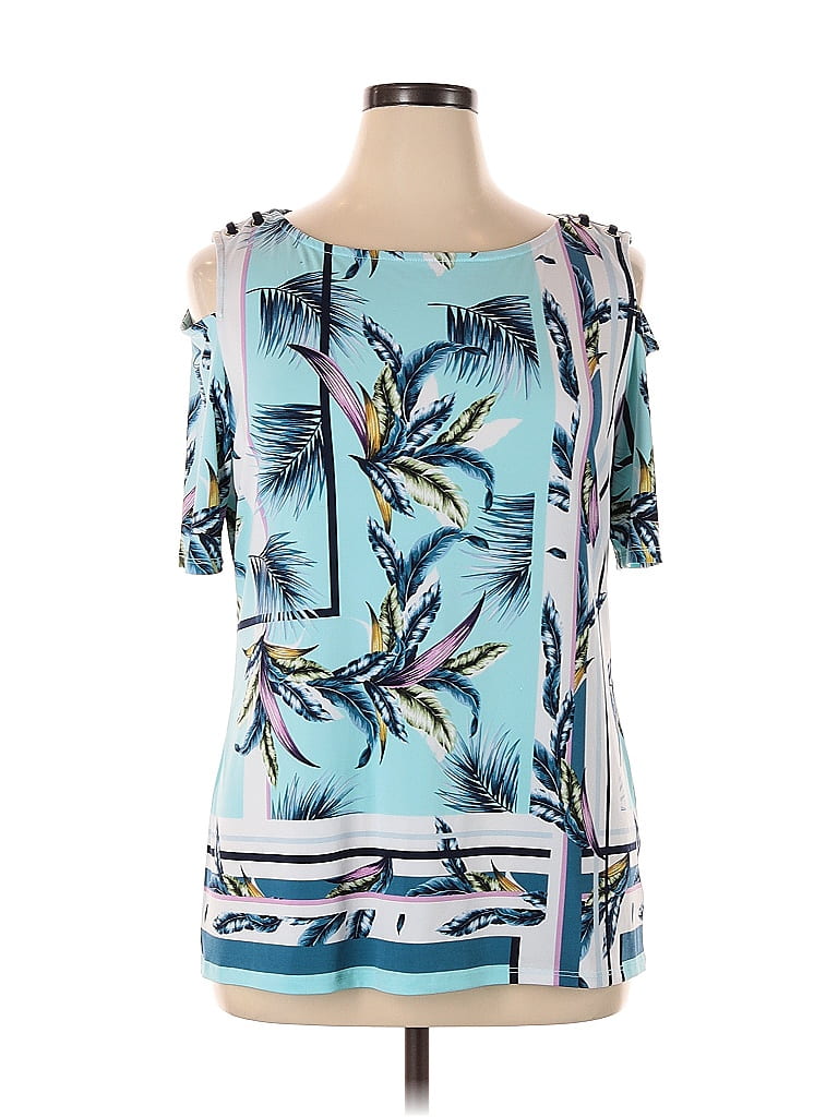 Click to view more detailed imagery on our partner's website Pre-owned Jm Collection Short Sleeve Top Blue Cold Shoulder Neckline Tops