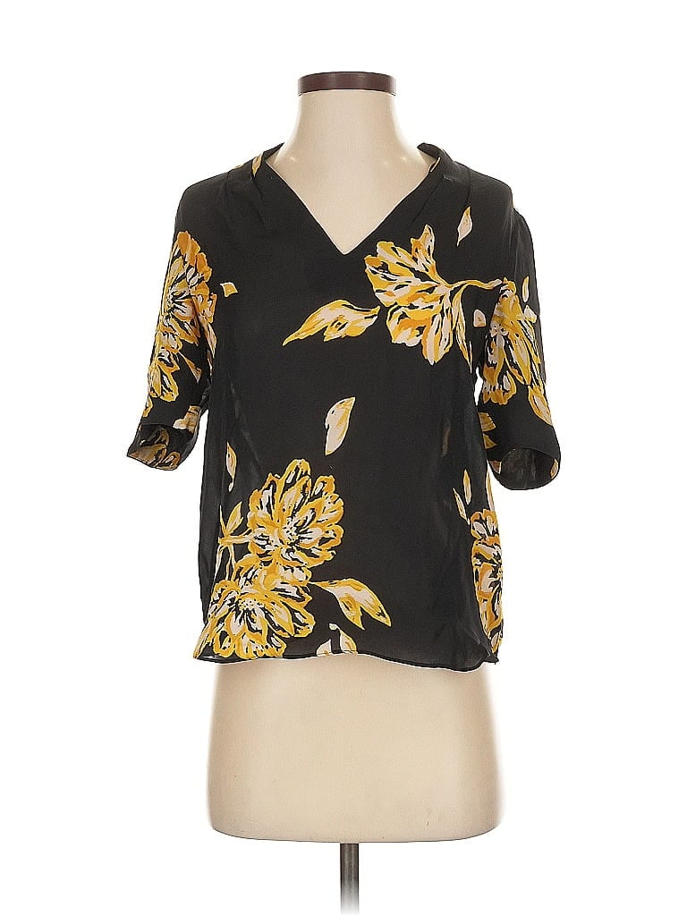 Pre-owned Joie Short Sleeve Silk Top Yellow Plunge Neckline Tops