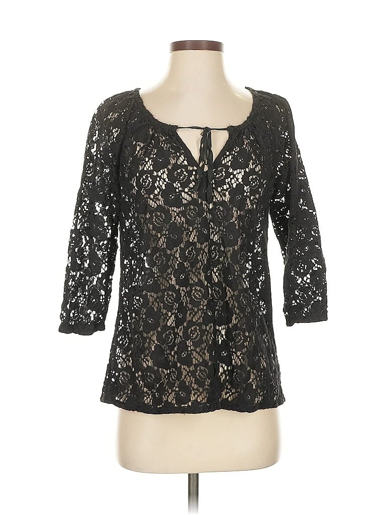 Pre-owned Tommy Bahama 3/4 Sleeve Top Black Keyhole Neckline Tops