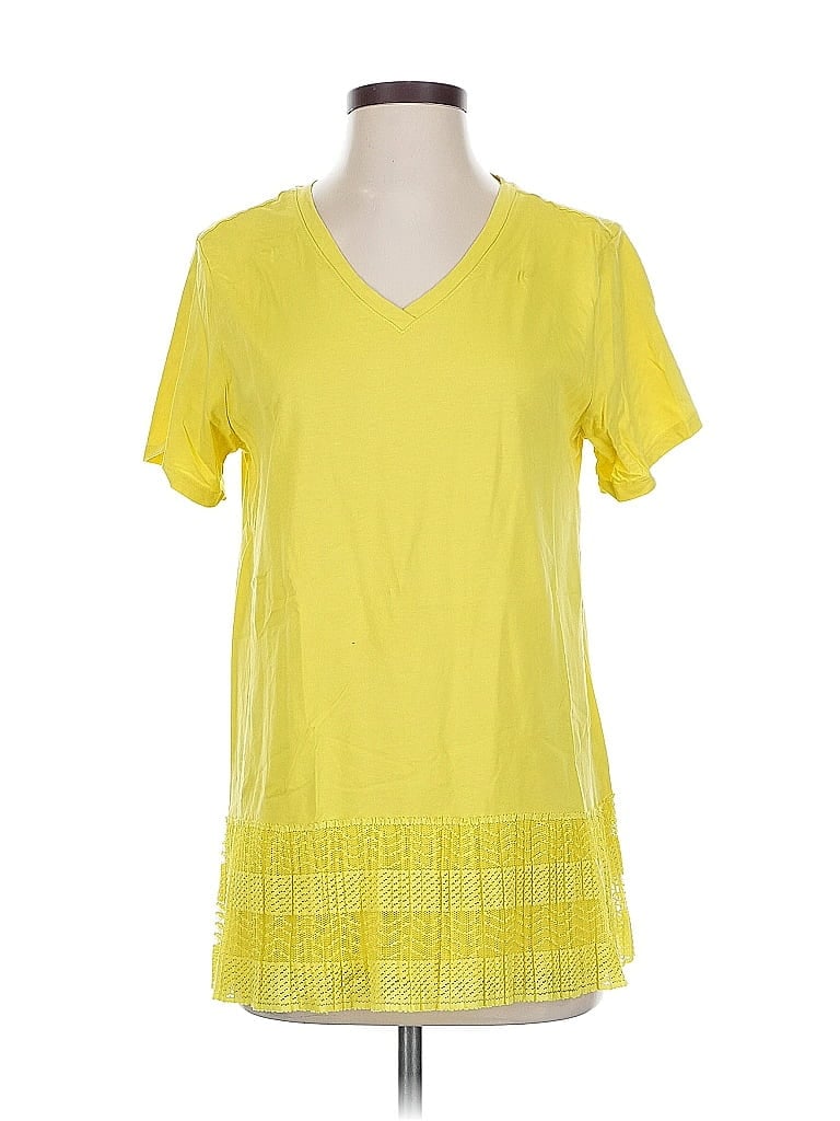 Pre-owned Logo By Lori Goldstein Short Sleeve Top Yellow V Neck Tops