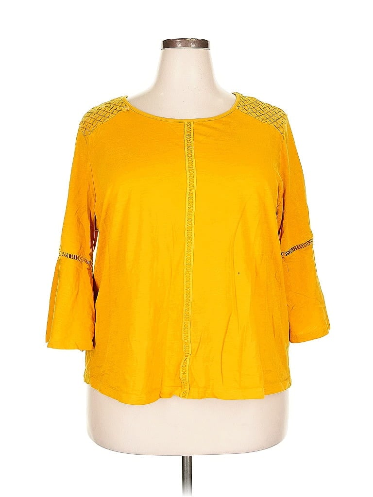 Pre-owned Basic Editions 3/4 Sleeve Top Yellow Boatneck Tops