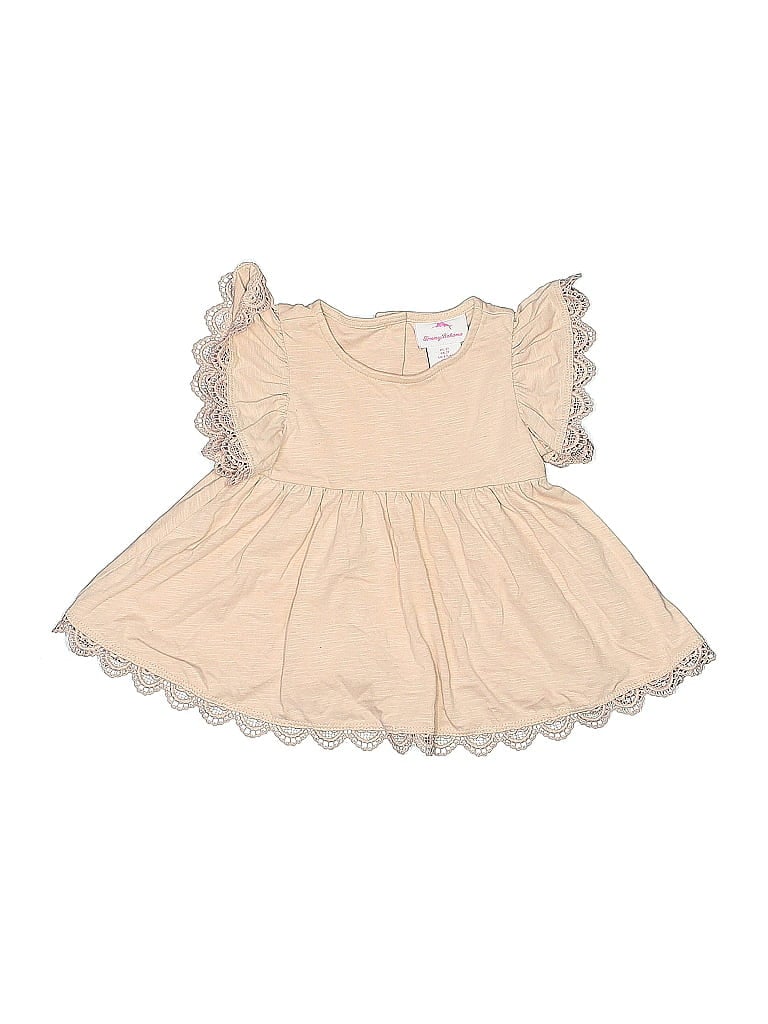 Pre-owned Tommy Bahama Kids' Short Sleeve Top Tan Solid Pattern Ruffles Neckline Tops In Brown