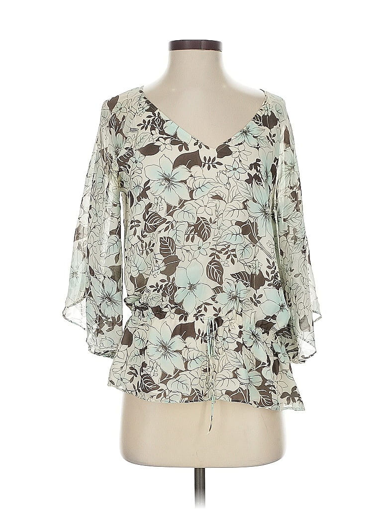 Pre-owned Ann Taylor Loft 3/4 Sleeve Silk Top Blue Cold Shoulder Neckline Tops