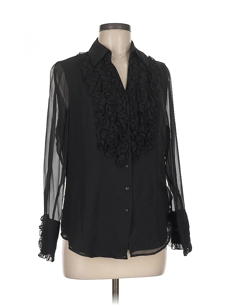 COLDWATER CREEK Pre-owned Long Sleeve Silk Top Black Ruffles Neckline Tops