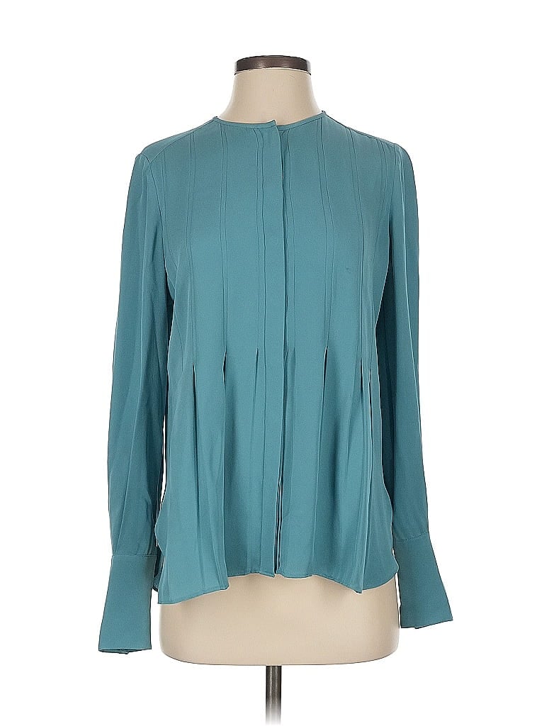 Pre-owned Diane Von Furstenberg Long Sleeve Silk Top Teal Mock Neckline Tops In Blue