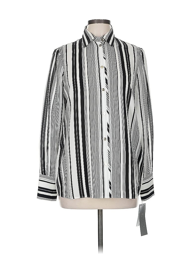 Pre-owned Carlisle Long Sleeve Silk Top Black Stripes Pattern Tie Neck Tops