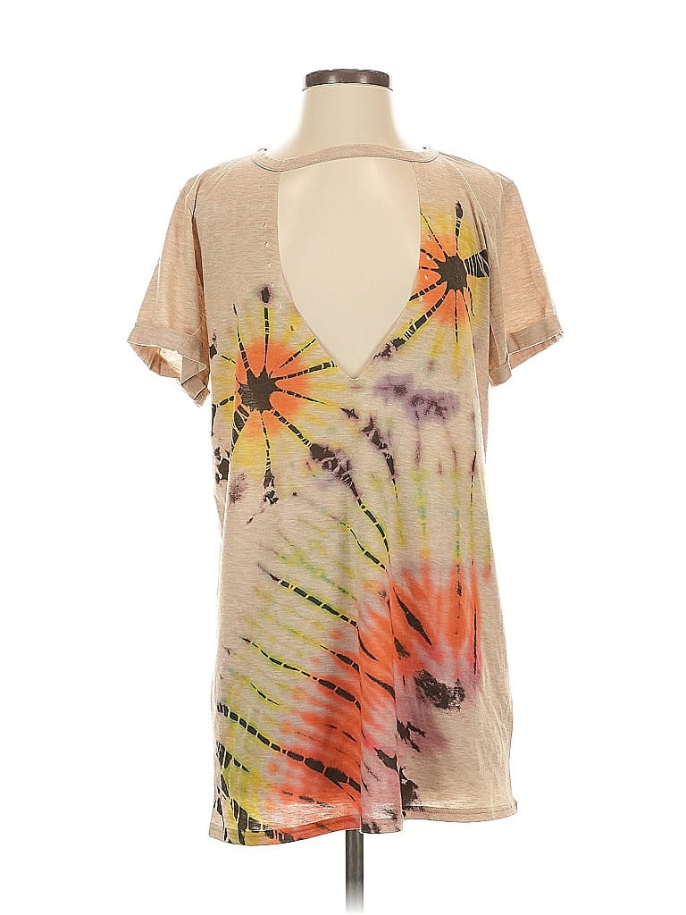 Pre-owned Phil Love Short Sleeve Top Tan Tie-dye Pattern Plunge Neckline Tops In Brown