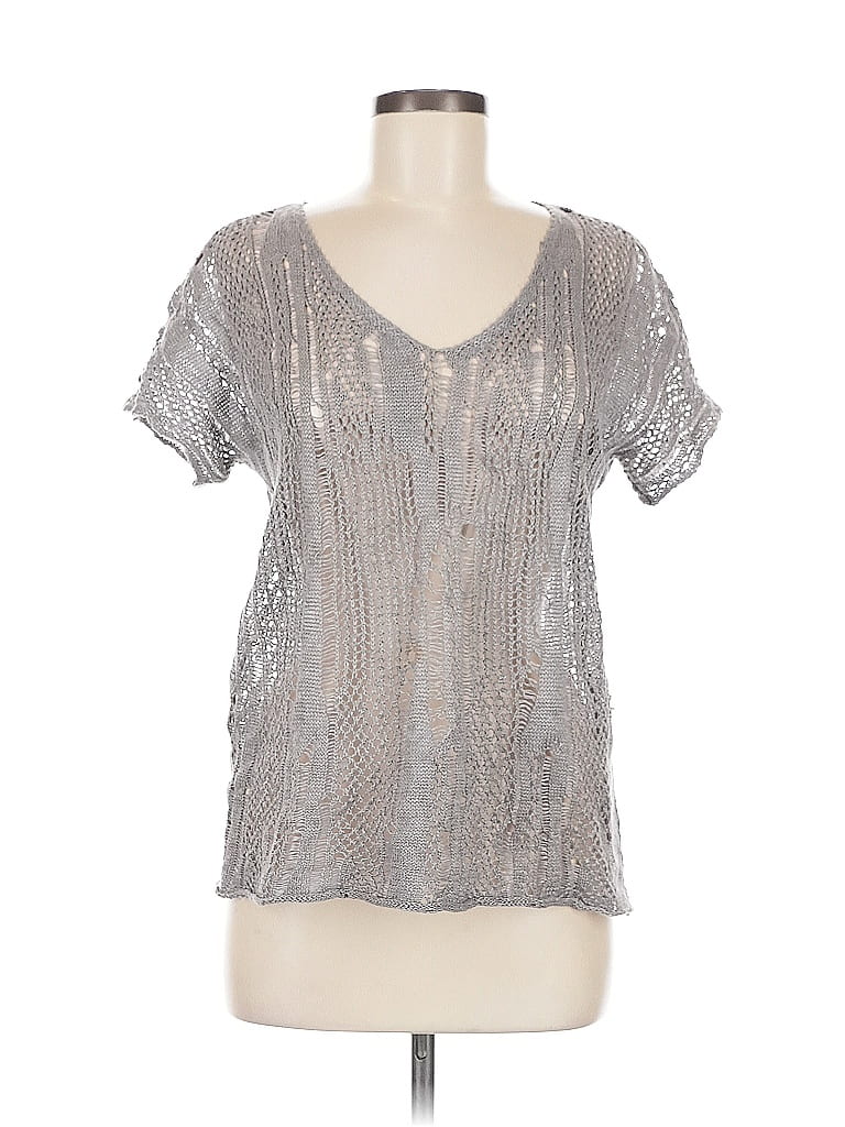 Click to view more detailed imagery on our partner's website Pre-owned Eileen Fisher Short Sleeve Top Gray Metallic Pattern V Neck Tops