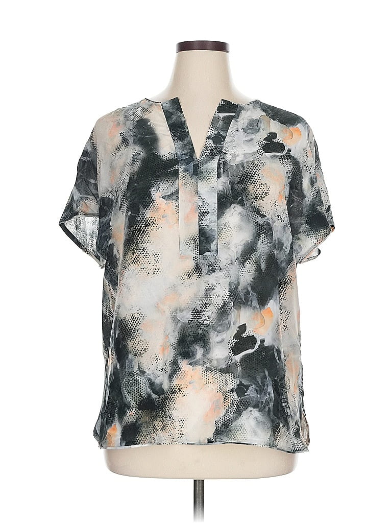 Pre-owned Lafayette 148 Short Sleeve Silk Top Gray Tie-dye Pattern Keyhole Neckline Tops