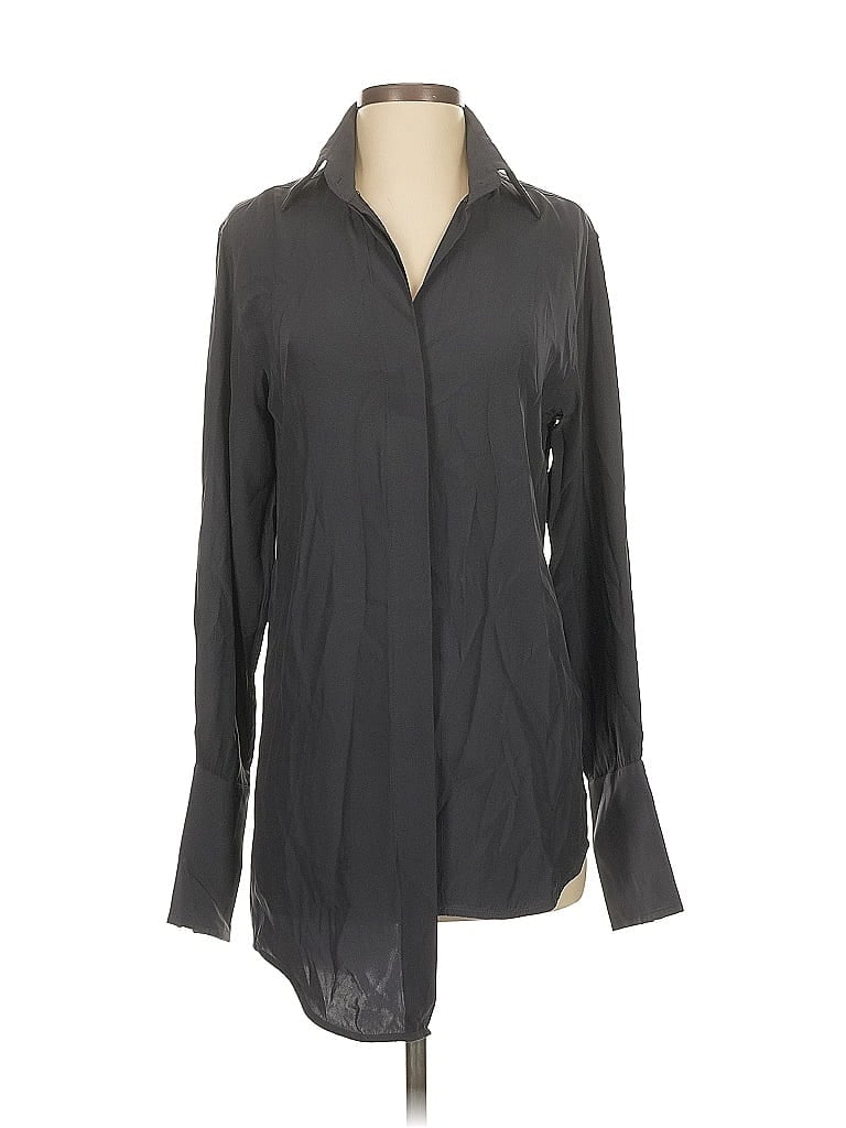 Pre-owned Nensi Dojaka Long Sleeve Silk Top Gray Tie Neck Tops