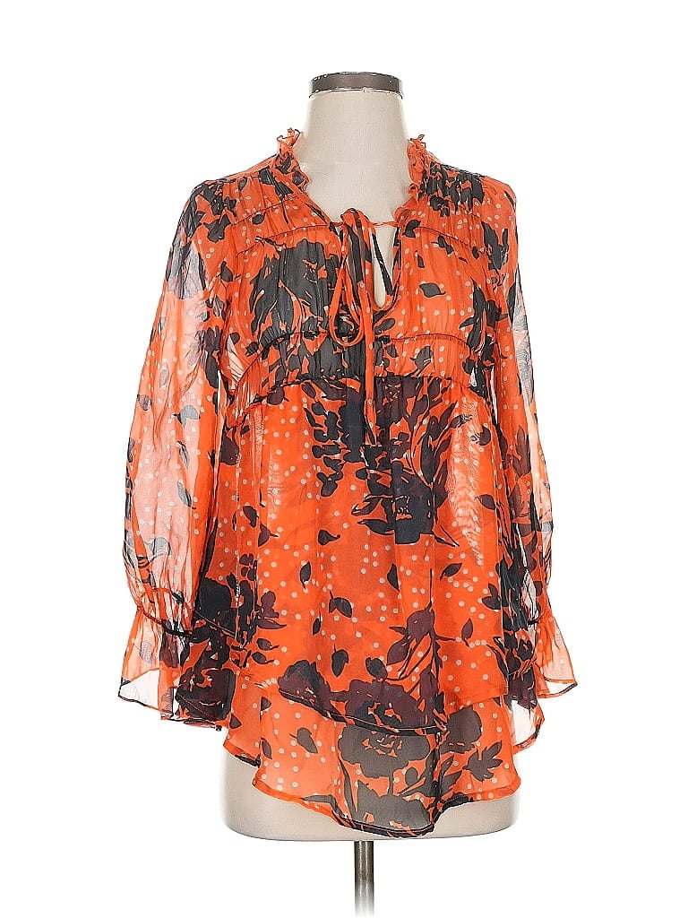 Pre-owned Trinity ... 3/4 Sleeve Silk Top Orange Tie Neck Tops