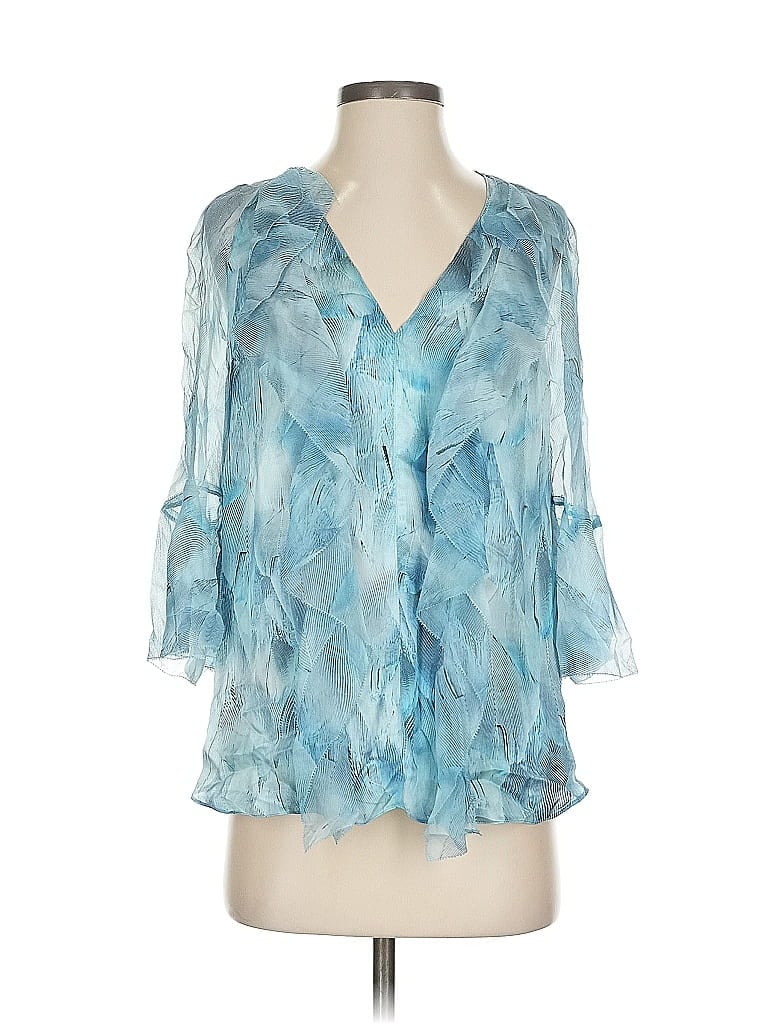 Pre-owned Elie Tahari 3/4 Sleeve Silk Top Blue Plunge Neckline Tops