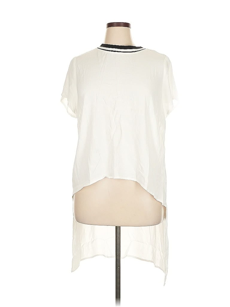 Pre-owned Kaari Blue Short Sleeve Top Ivory Mock Neckline Tops In White