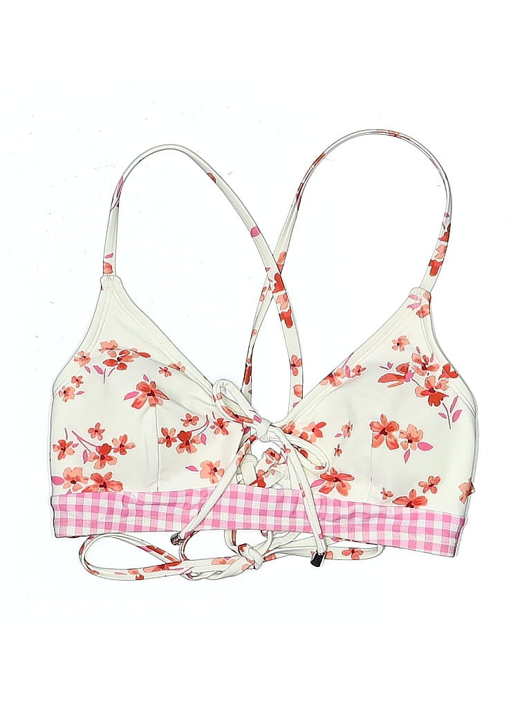 Pre-owned Cupshe Swimsuit Top Ivory Floral Pattern Swimwear In White