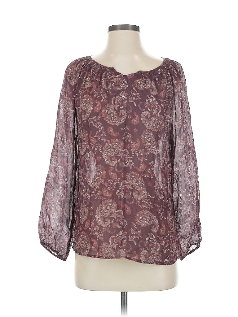 Pre-owned Garnet Hill Long Sleeve Silk Top Burgundy Sweetheart Neckline Tops