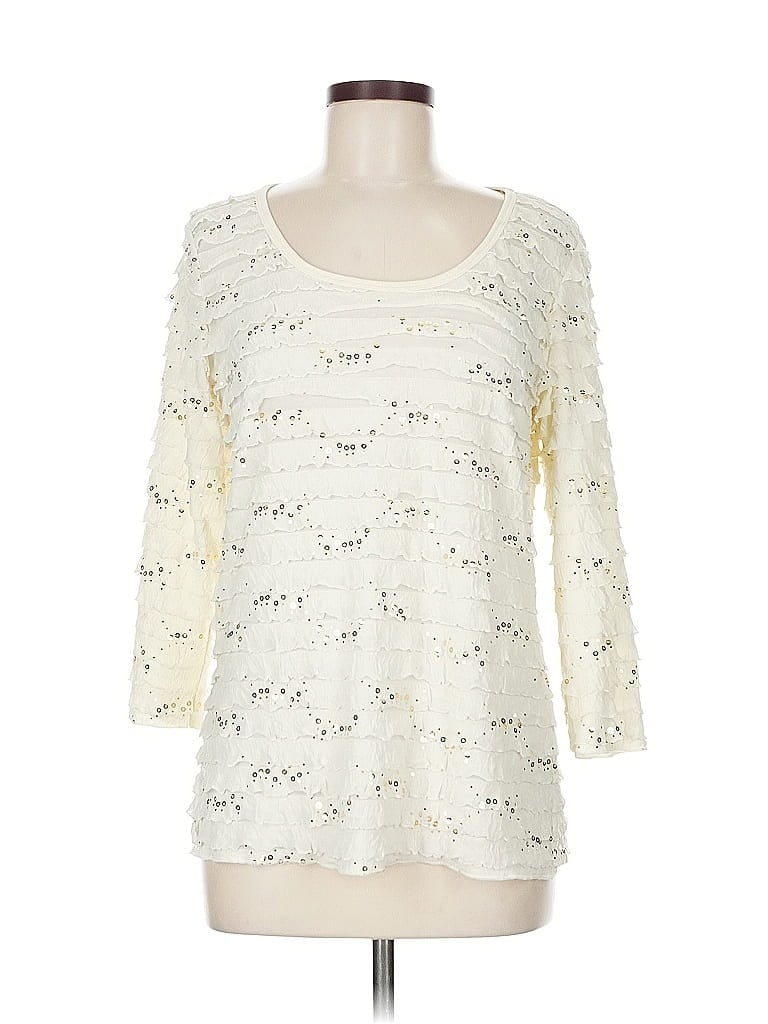 Pre-owned Slinky Brand 3/4 Sleeve Top Ivory Square Neckline Tops In White