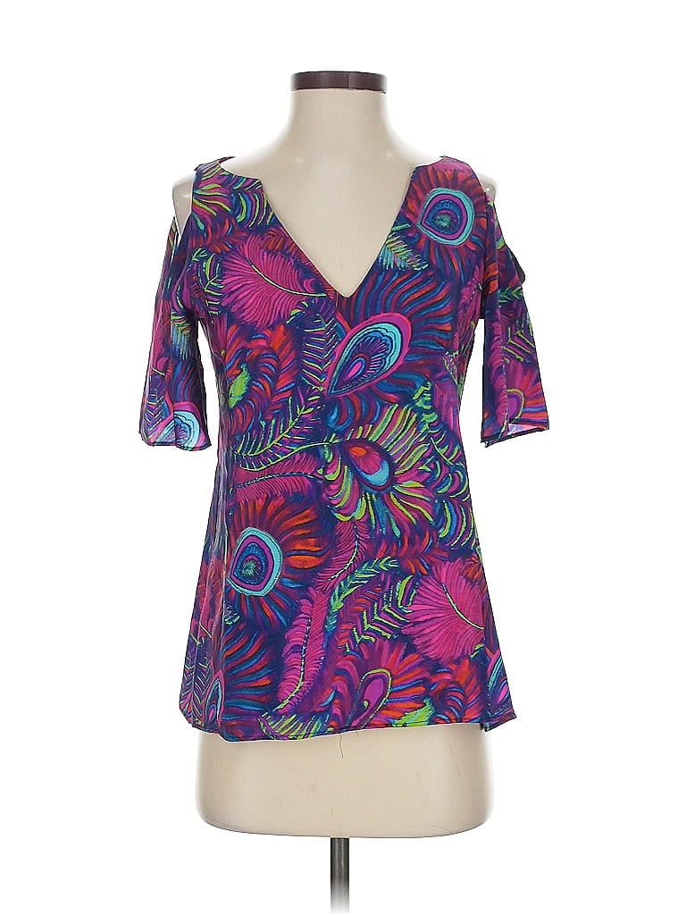 Click to view more detailed imagery on our partner's website Pre-owned Nanette Lepore Short Sleeve Silk Top Purple Floral Pattern V-neck Tops