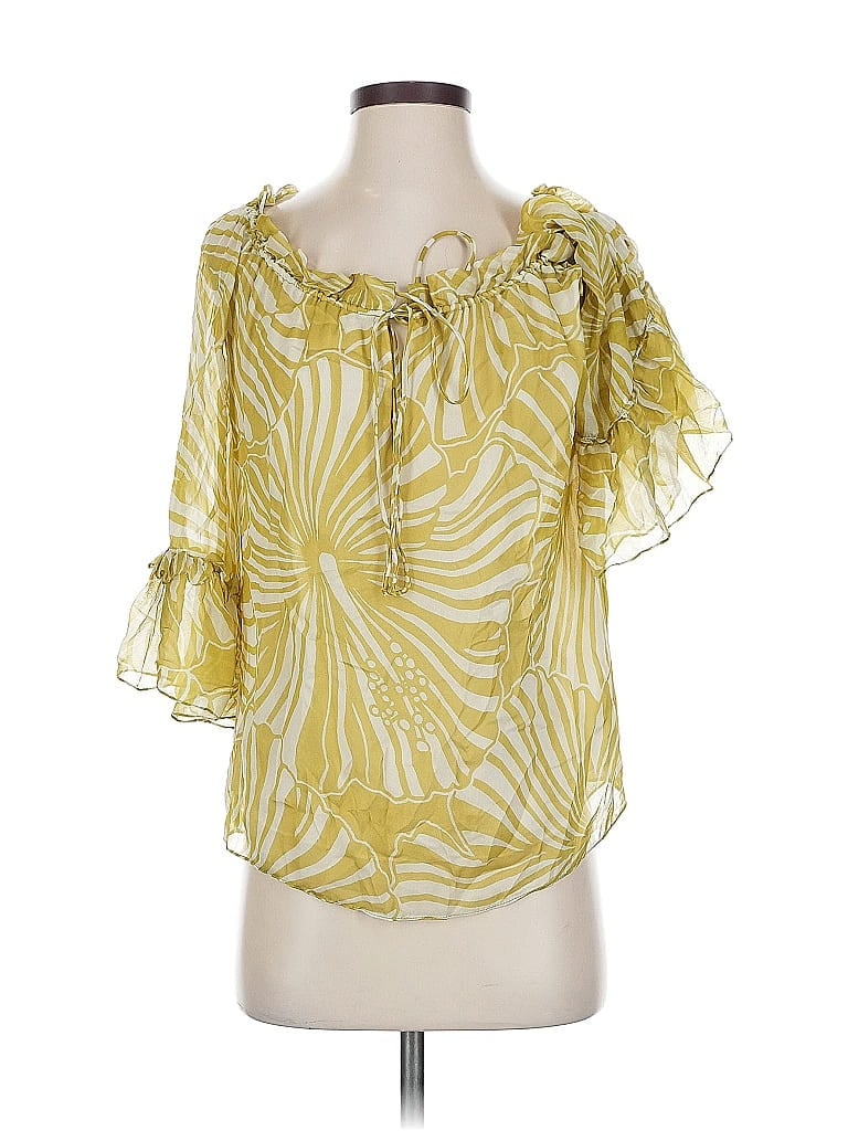 Pre-owned An Original Milly Of New York Short Sleeve Silk Top Yellow Cold Shoulder Neckline Tops