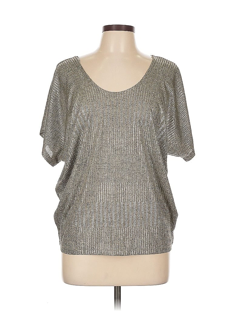 Pre-owned Kim & Cami Short Sleeve Top Silver Metallic Pattern Scoop Neck Tops