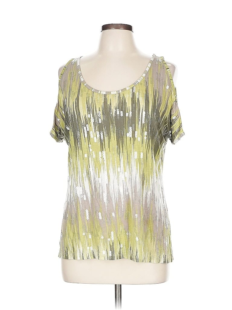 Pre-owned Inc International Concepts Short Sleeve Top Silver Metallic Pattern Cold Shoulder Neckline Tops