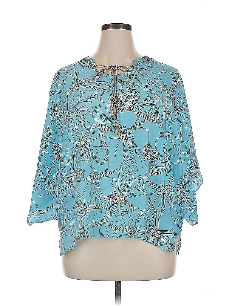 Pre-owned Marc Cain 3/4 Sleeve Silk Top Blue Keyhole Neckline Tops