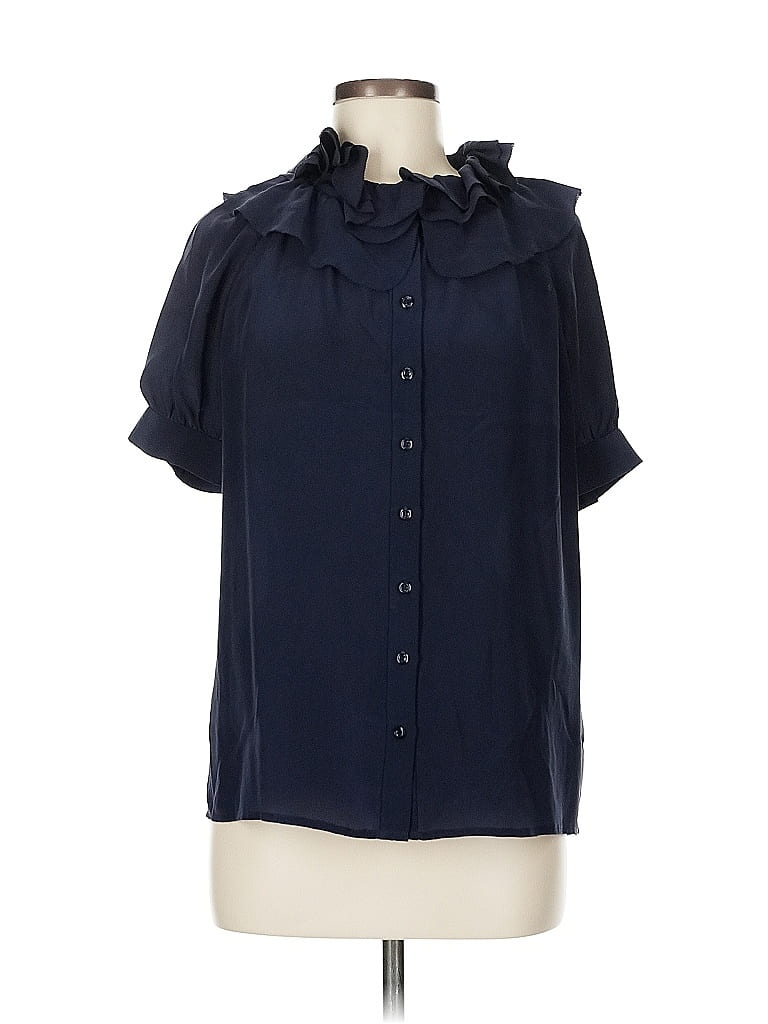 Pre-owned French Connection Short Sleeve Silk Top Blue Ruffles Neckline Tops