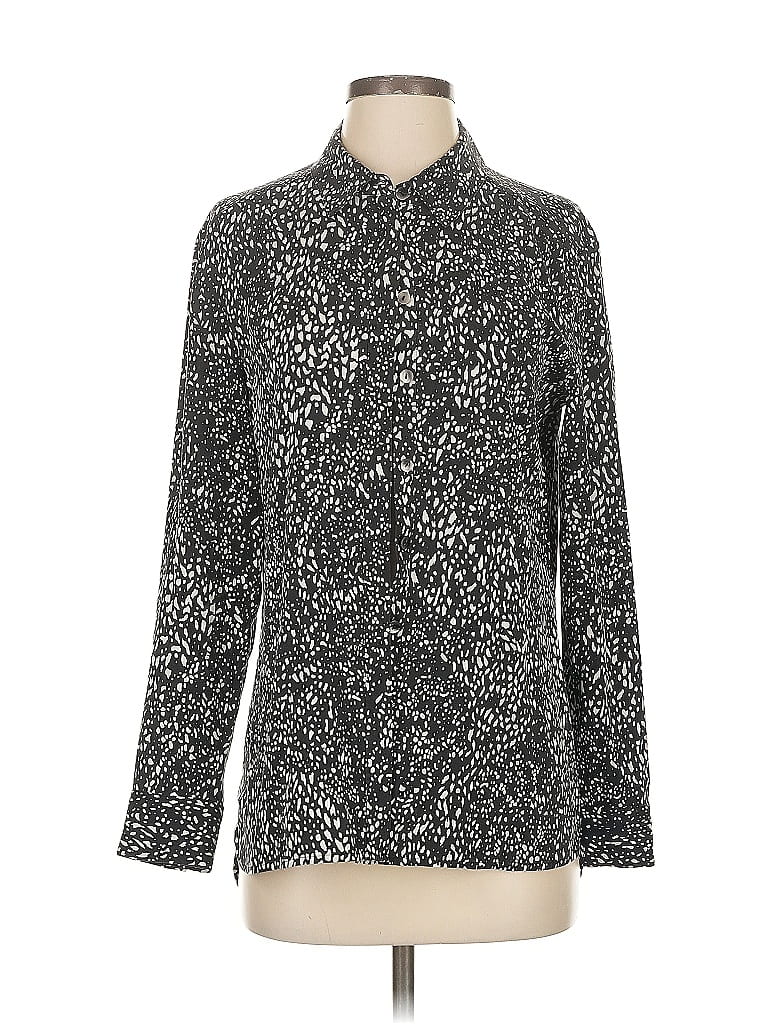 Pre-owned Nordstrom Long Sleeve Silk Top Black Animal Print Pattern Mock Neckline Tops