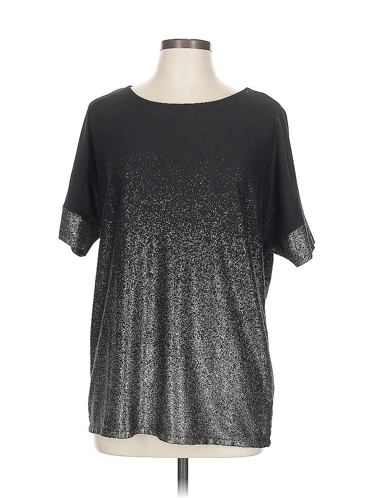 NEW DIRECTIONS Pre-owned Short Sleeve Top Black Metallic Pattern Scoop Neck Tops