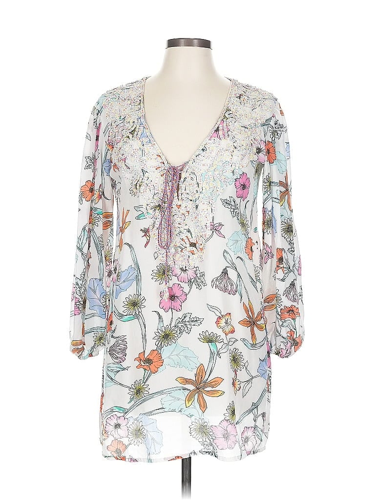 Pre-owned Taj 3/4 Sleeve Silk Top Silver Plunge Neckline Tops