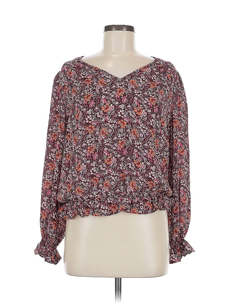 Pre-owned Status Long Sleeve Blouse In Burgundy