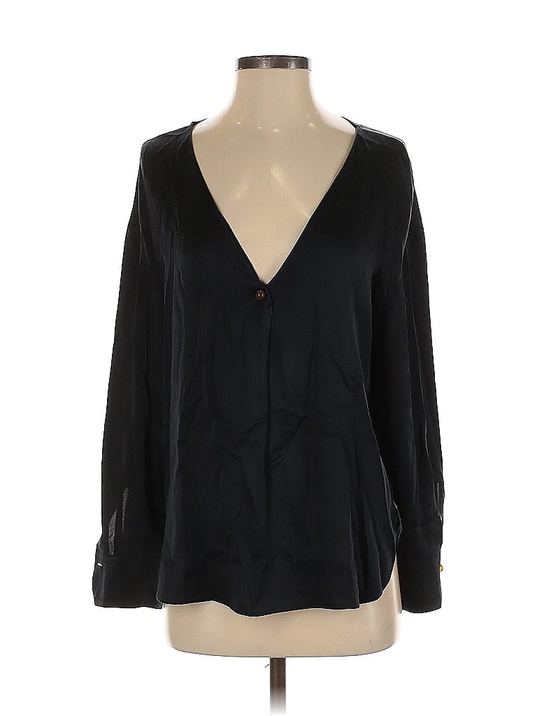 Pre-owned Vince Long Sleeve Silk Top Black Plunge Neckline Tops