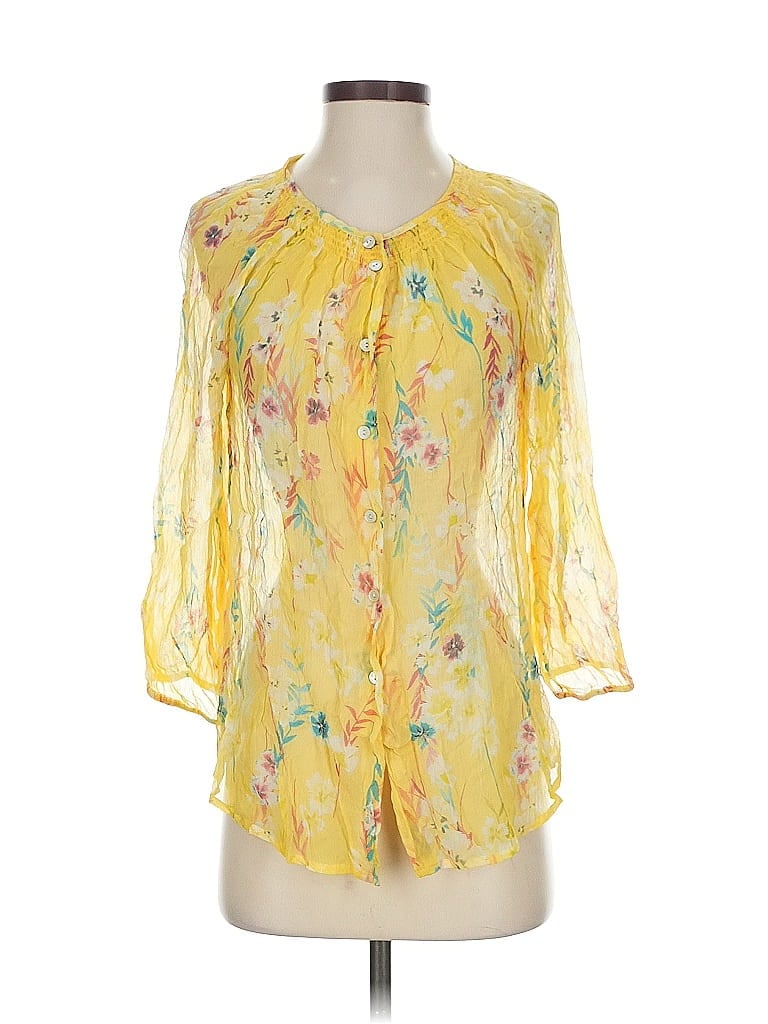 Pre-owned Sundance 3/4 Sleeve Silk Top Yellow Keyhole Neckline Tops