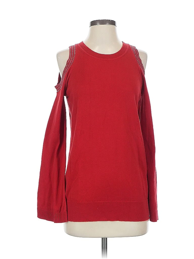 Pre-owned Michael Michael Kors Long Sleeve Top Red Solid Pattern Cold Shoulder Neckline Tops