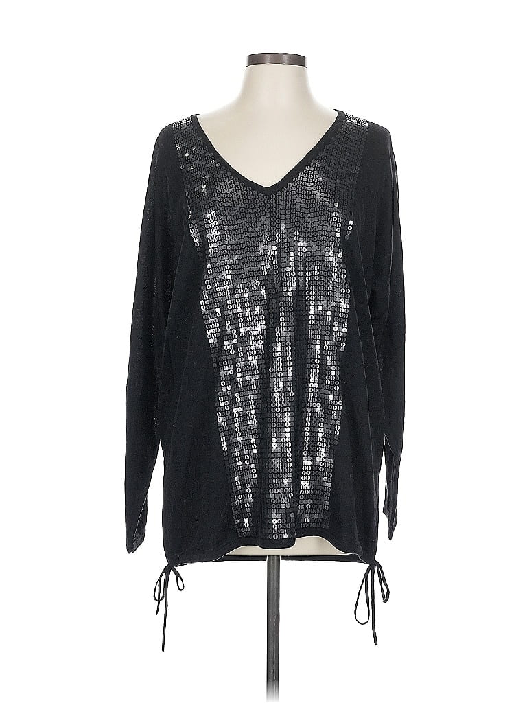 Pre-owned Adrienne Vittadini Long Sleeve Top Black V Neck Tops