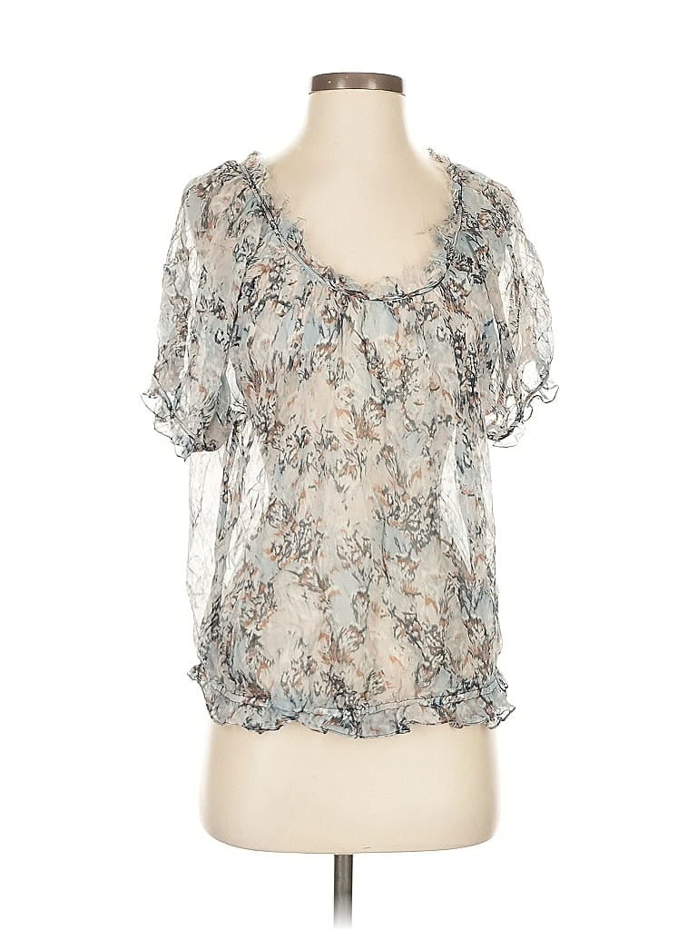 Pre-owned Ella Moss Short Sleeve Silk Top Silver Sweetheart Neckline Tops