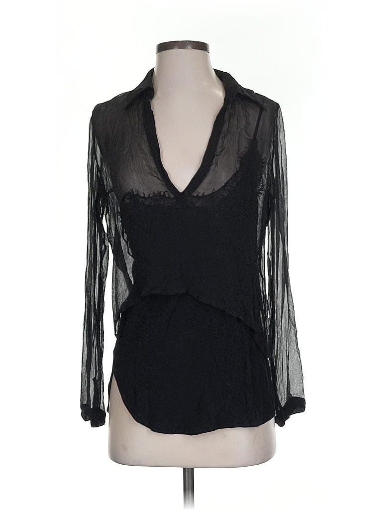 Pre-owned Twelfth Street By Cynthia Vincent 3/4 Sleeve Silk Top Black Plunge Neckline Tops