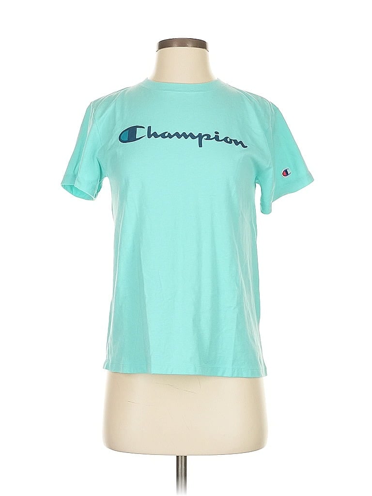 Pre-owned Champion Short Sleeve Top Teal Crew Neck Tops In Blue