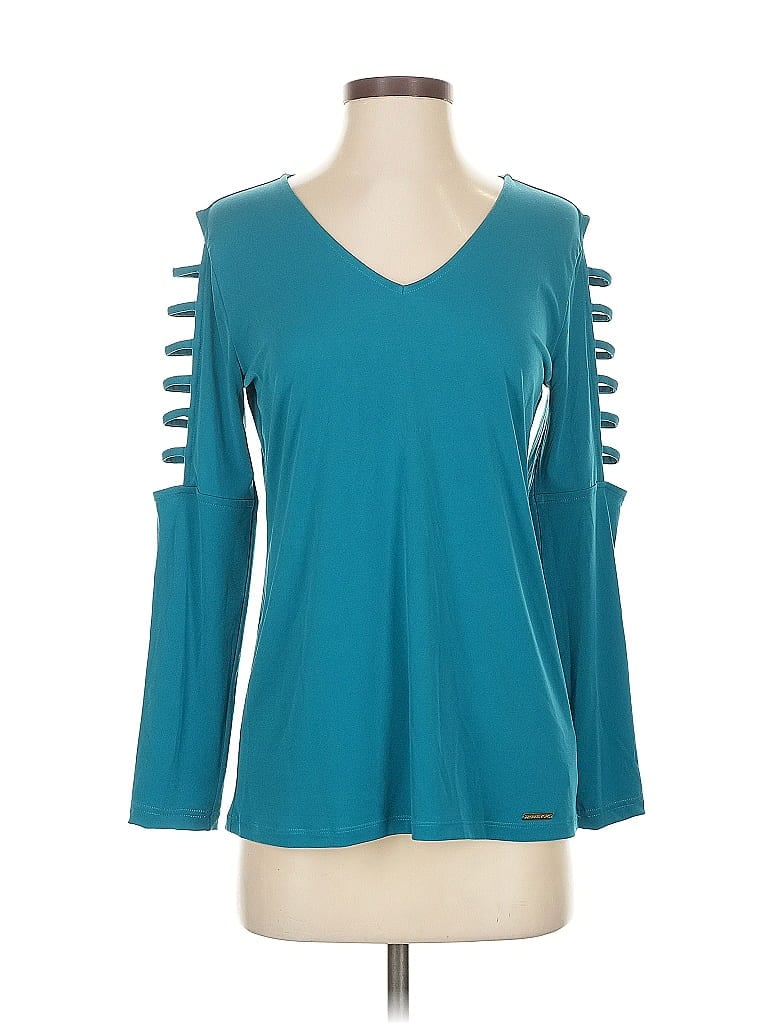 Pre-owned Michael Michael Kors 3/4 Sleeve Top Teal Cold Shoulder Neckline Tops In Blue