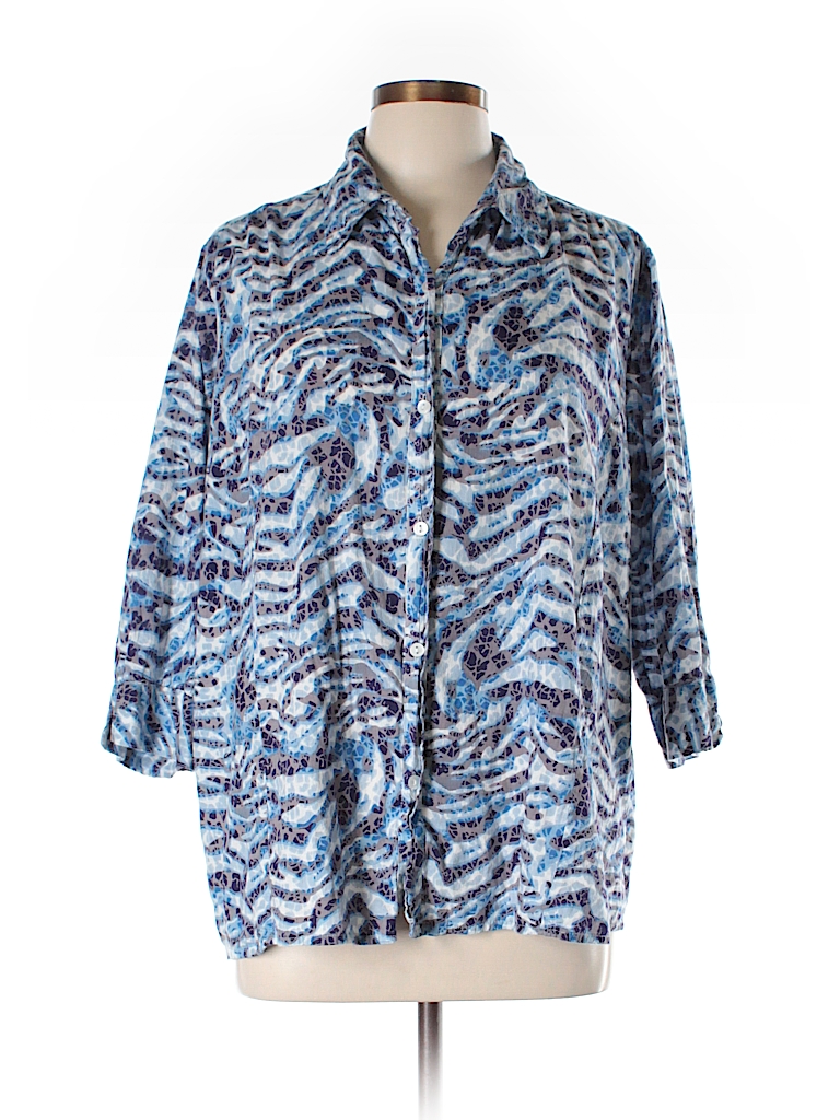 Sara Morgan for Haband 100% Cotton Print Blue 3/4 Sleeve Button-Down ...