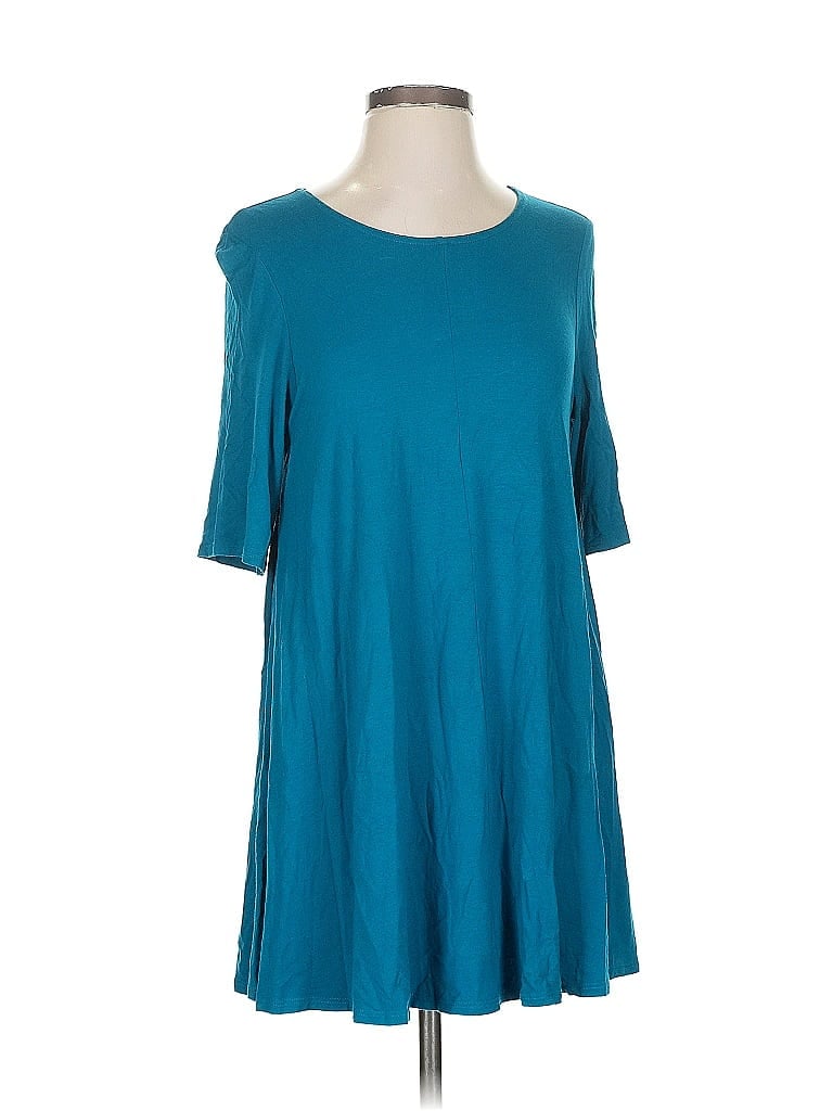 Pre-owned Eileen Fisher 3/4 Sleeve Top Teal Scoop Neck Tops In Blue