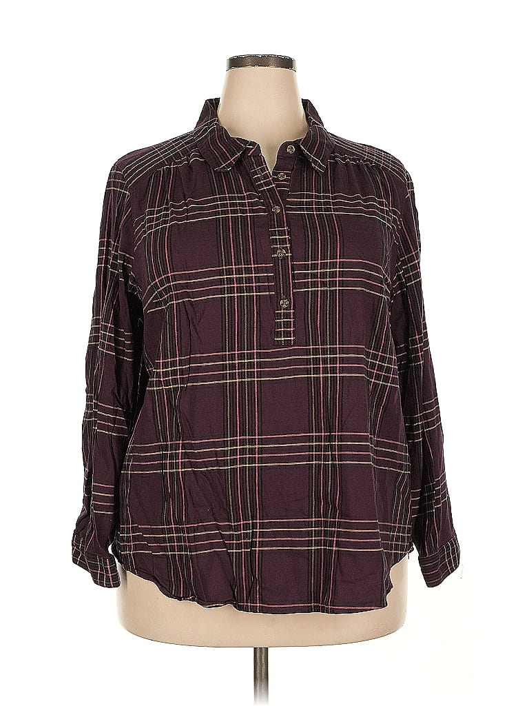 Cj Banks Plaid Burgundy 3/4 Sleeve Button-Down Shirt Size 2X - photo 1