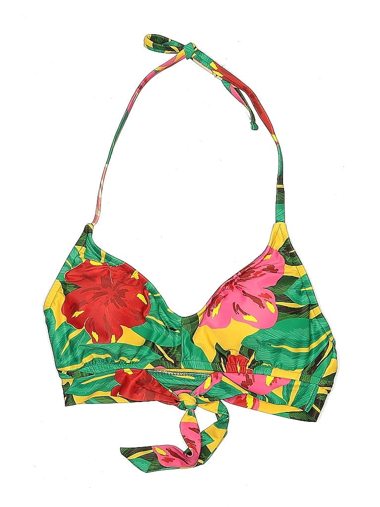 Pre-owned Kona Sol Swimsuit Top Green Tropical Pattern Swimwear