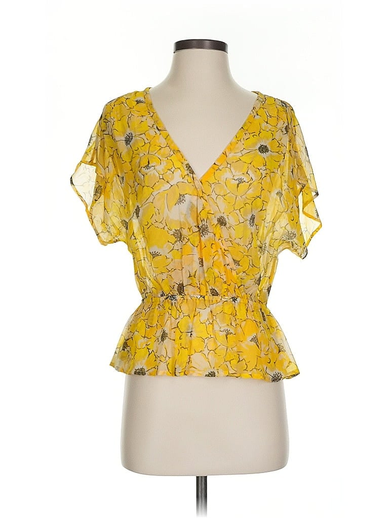 Pre-owned Joie Short Sleeve Silk Top Yellow Plunge Neckline Tops